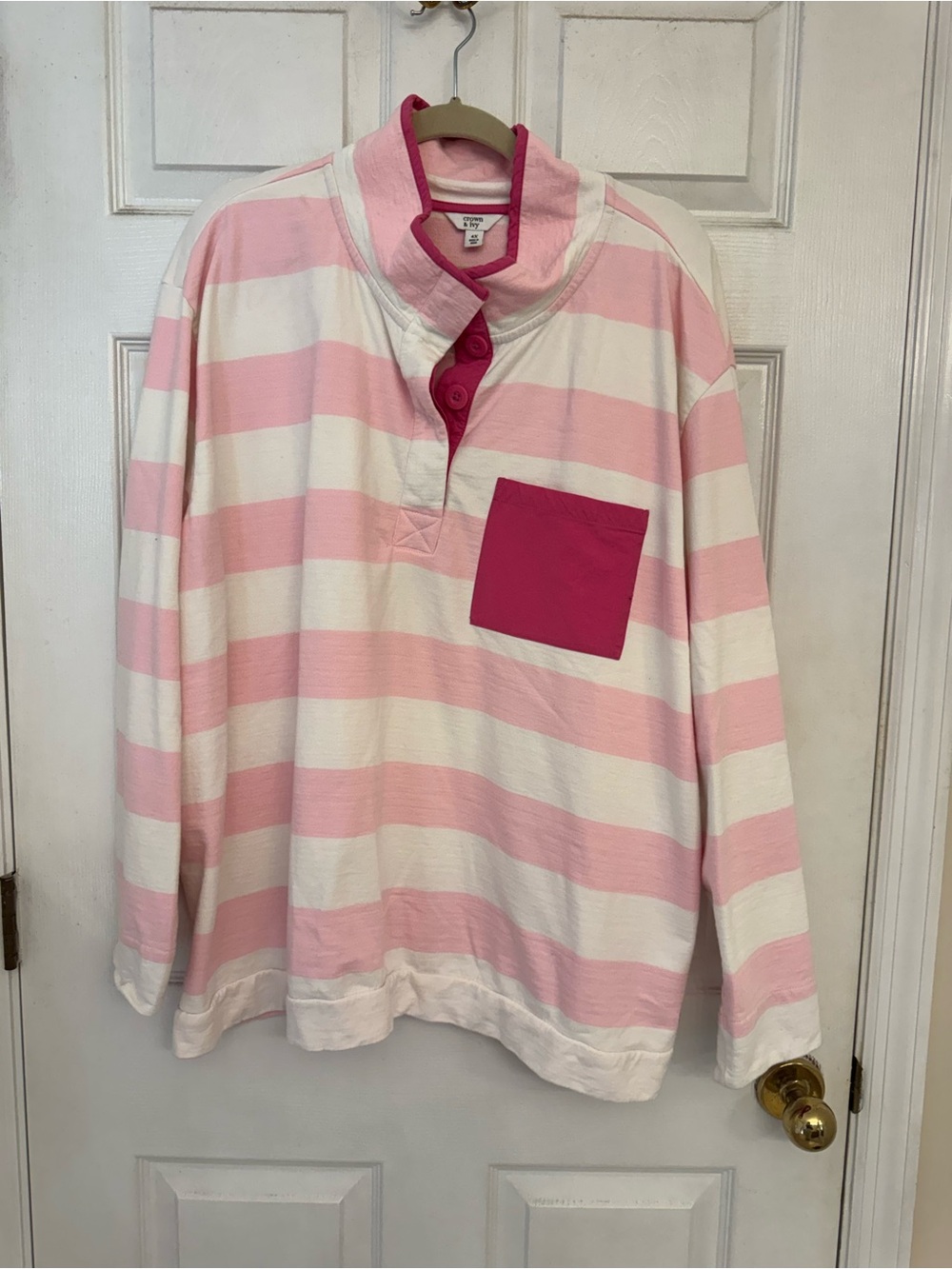 Crown & Ivy Pink Striped Rugby Pullover Sweatshirt 4X Plus Size 100% Cotton